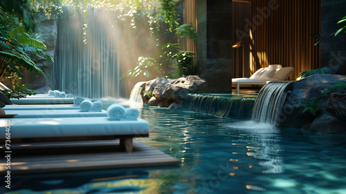 .A wellness banner set in a serene spa retreat with tranquil water features