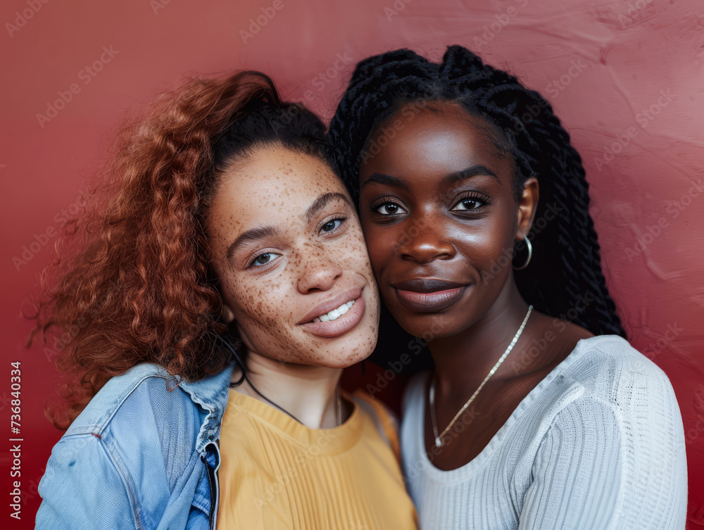 Multiracial lesbian couple together on a copy space background Multiracial lesbian couple together on a copy space background