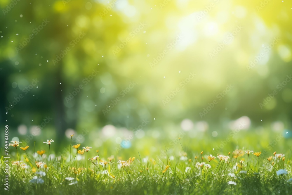 Sun-kissed meadow with a bokeh of wildflowers and trees in the soft-focus background. Sun-kissed meadow with a bokeh of wildflowers and trees in the soft-focus background.