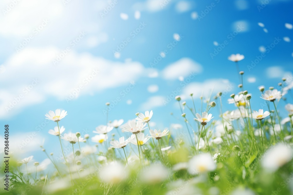 Idyllic scene of white daisies in a field under a clear blue sky with sun flares.