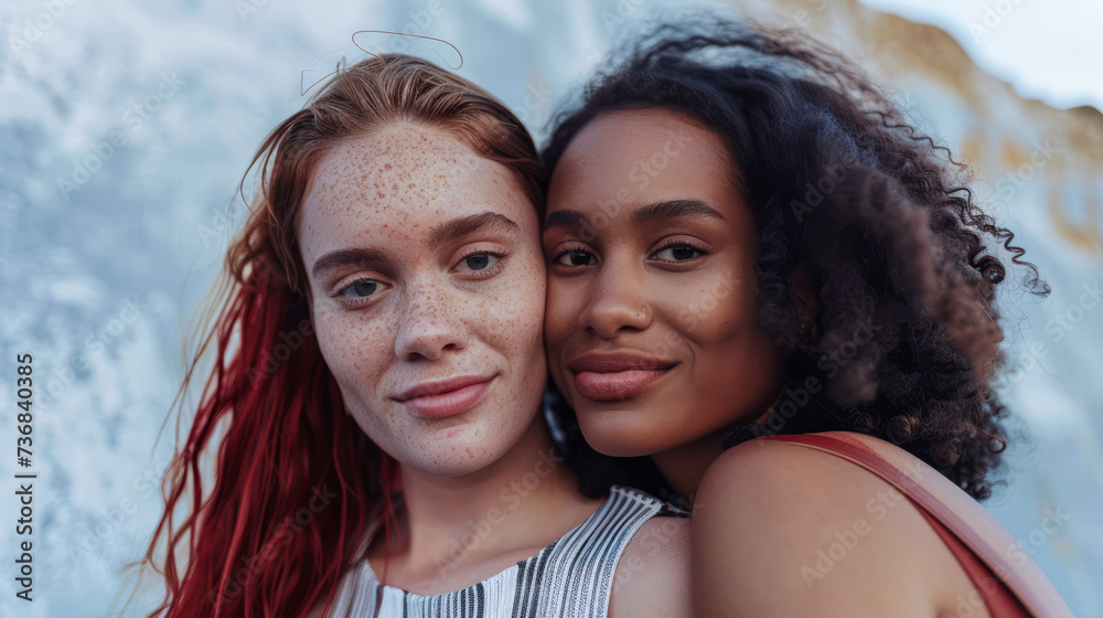 Multiracial lesbian couple together on a copy space background Multiracial lesbian couple together on a copy space background