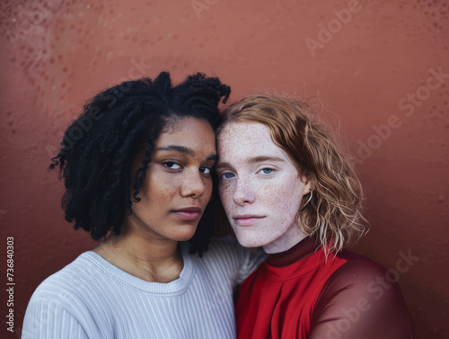 Multiracial lesbian couple together on a copy space background