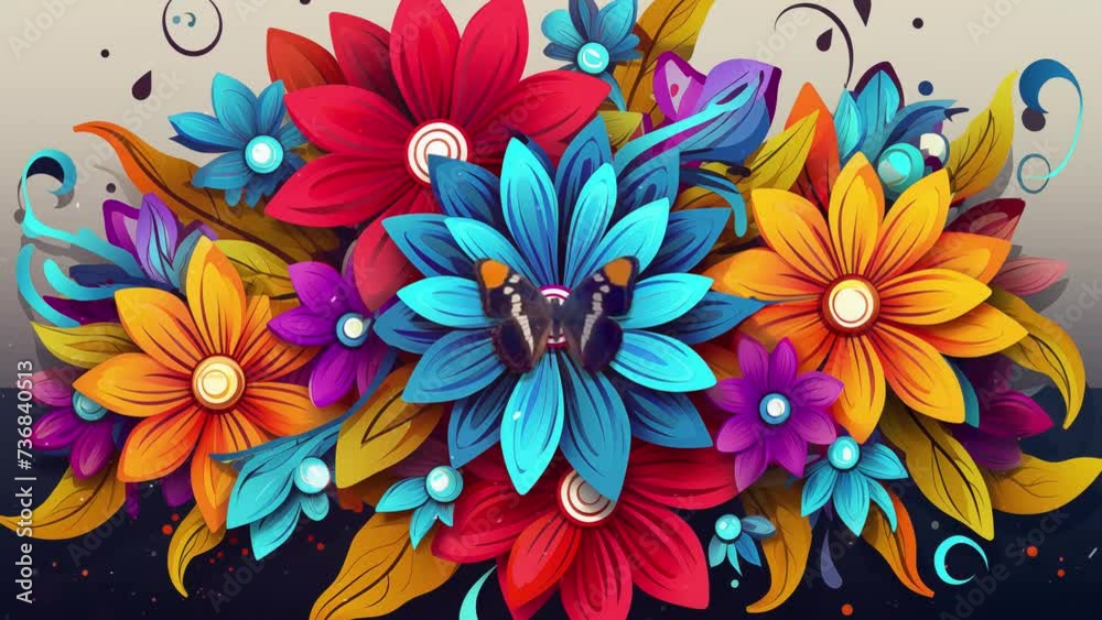 colorful floral flower blooming. colorful background concept with flowers and butterfly. seamless looping overlay 4k virtual video animation background 