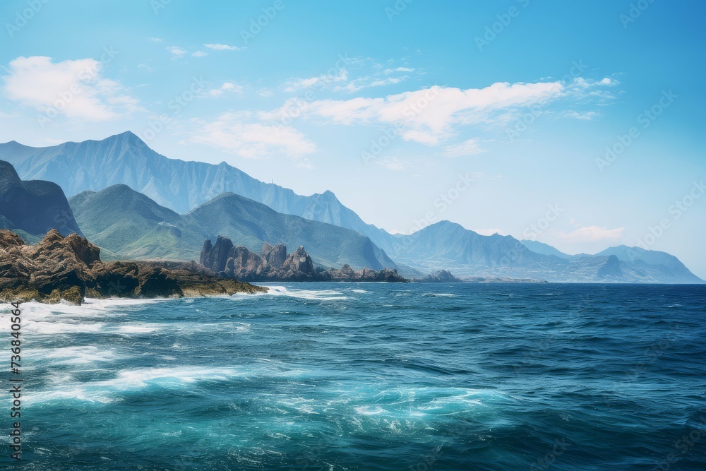 A magnificent coastal mountain range beside a deep blue sea under a clear sky.