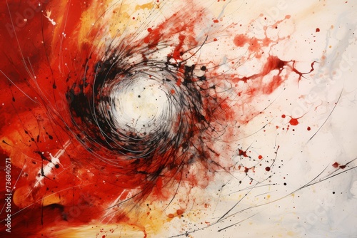 Dynamic abstract explosion of red and black hues with paint splatter effect.