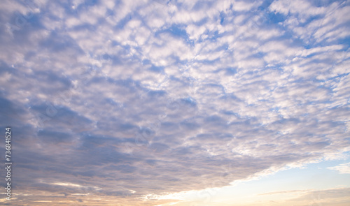 Cloud on blue sky. Pastel soft fluffy clouds with empty space. Beauty placement present promotion, summer paradise dreamy concept. Real sky background with gentle clouds. Poster with Clouds.