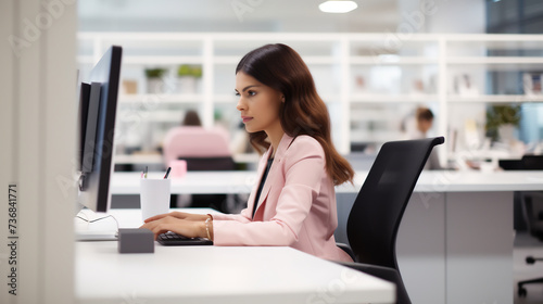 Focused Female Professional Working at Her Desk in Modern Office. Productivity and Corporate Environment Concept