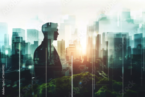 Businessman  CEO and abstract environmental mockup for investment  business and ecosystem. Head silhouette  double exposure effect and cityscape overlay backdrop for wallpaper or sustainable building