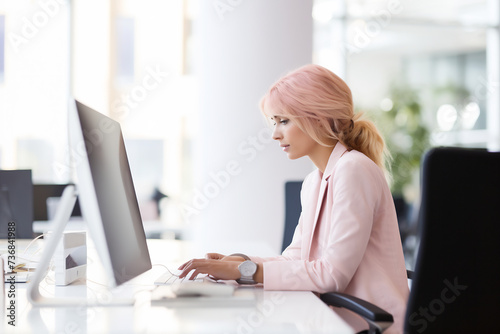 Focused Female Professional Working at Her Desk in Modern Office. Productivity and Corporate Environment Concept