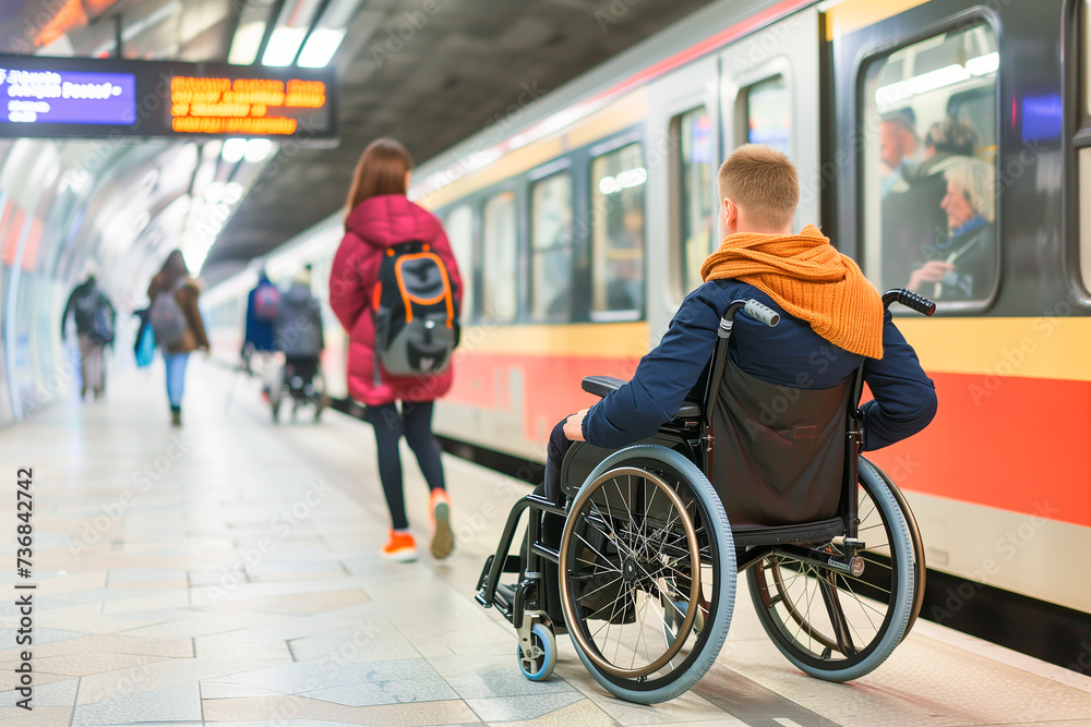 Obraz premium Young disabled people in a wheelchair waiting for the train to enter the station
