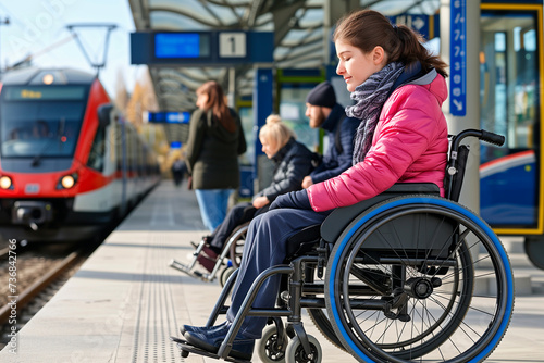 Young disabled people in a wheelchair waiting for the train to enter the station photo