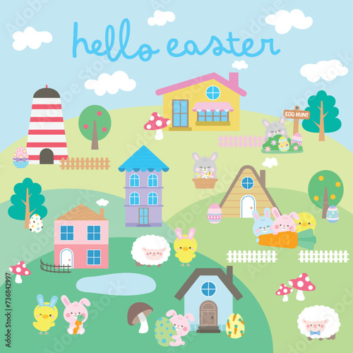 Fototapeta Naklejka Na Ścianę i Meble -  hello spring easter village festival in town cute rabbit and chick play eggs hunt easter holiday activity banner vector illustration