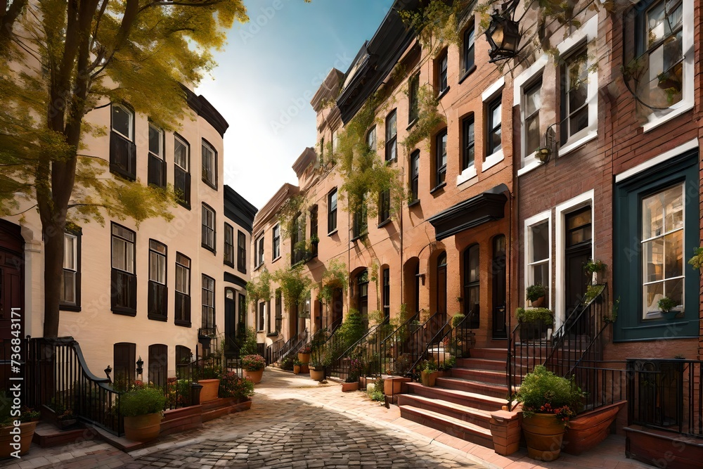 A Quaint Cobblestone Street Lined with Historic Townhouses, Each Radiating Unique Details and Enchanting Facades, Capturing the Timeless Beauty of Classic Urban Exteriors