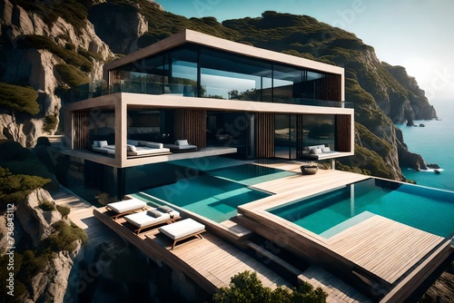 coastal villa perched on a cliff  offering panoramic views of the azure ocean  where the merging of architectural sophistication and breathtaking scenery creates a serene escape