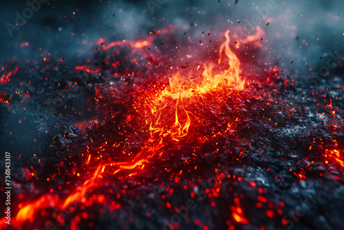 Volcanic Fury: Fiery Lava Flowing from an Erupting Volcano at Night, A Dangerous Yet Beautiful Natural Phenomenon