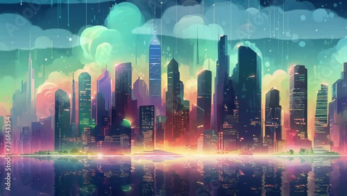illustration glowcore flat design towering skyscrape . seamless looping overlay 4k virtual video animation background  photo