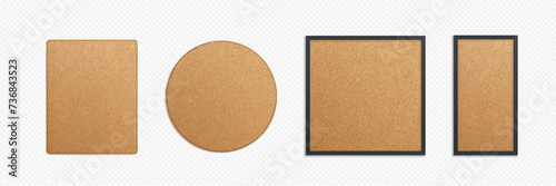 Set of memo pin boards with cork texture isolated on transparent background. Vector realistic illustration of round, square, rectangular wooden frame mockups, interior design elements, material sample