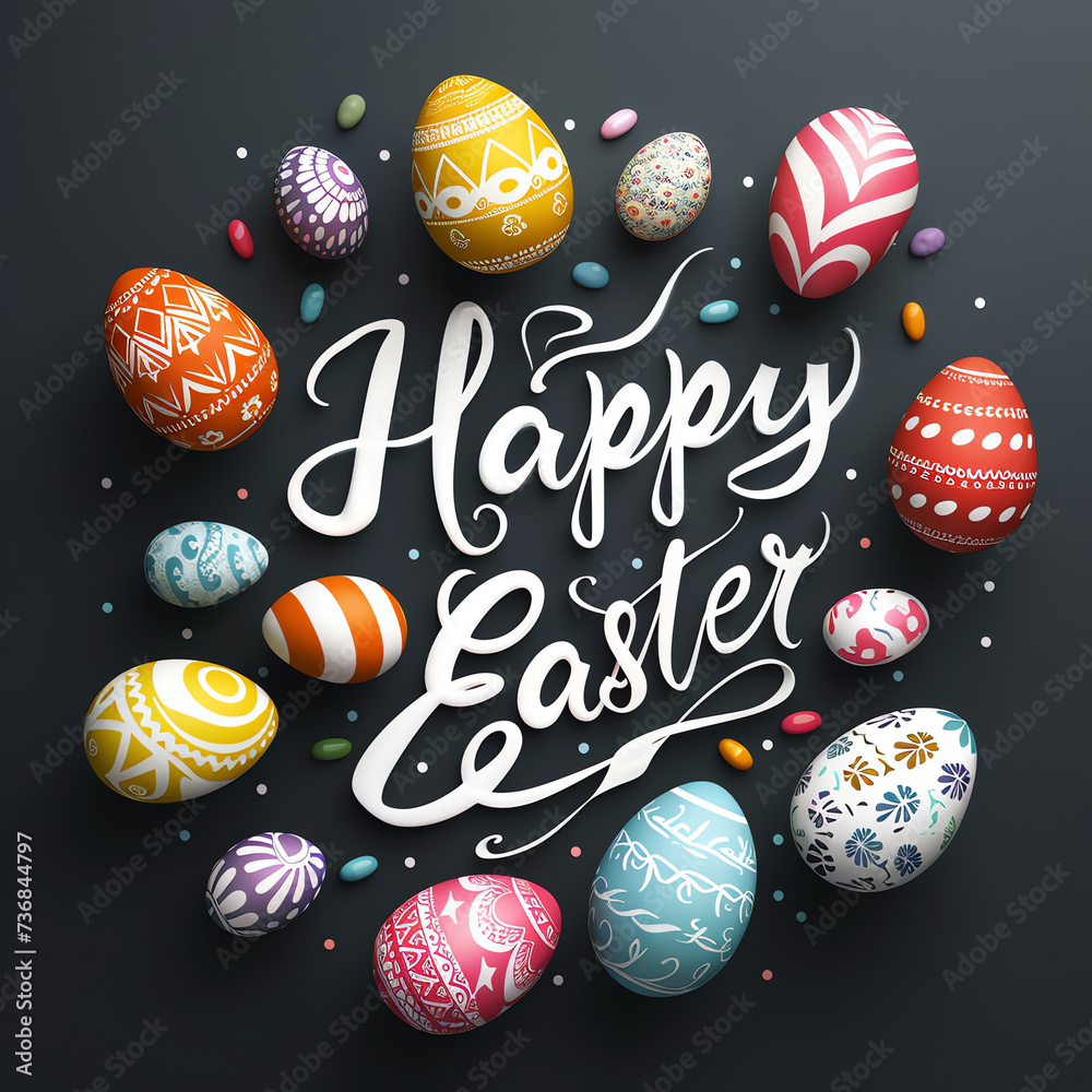 Elegant 'Happy Easter' Calligraphy with Colorful Eggs on Black Background