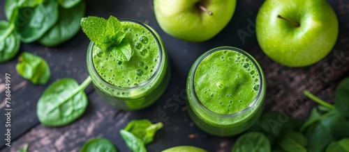 three glasses of green smoothie with apples and spinach on a table . High quality
