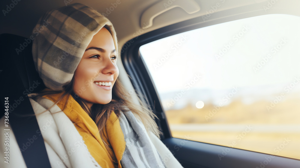 Smiling Woman Enjoying a Car Ride on a Sunny Day. Joyful Road Trip and Travel Concept Smiling Woman Enjoying a Car Ride on a Sunny Day. Joyful Road Trip and Travel Concept