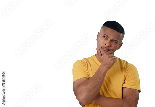 Man, confused and thinking of decision, idea or remember memory for question isolated on transparent png background. Choice, doubt and curious person with solution, problem solving or planning future