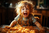 Cute little kid boy eating spaghetti bolognese or pasta macaroni bolognese at home. Happy child eating fresh cooked healthy meal with noodles. Generative Ai.