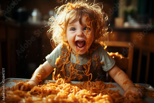 Cute little kid boy eating spaghetti bolognese or pasta macaroni bolognese at home. Happy child eating fresh cooked healthy meal with noodles. Generative Ai. photo