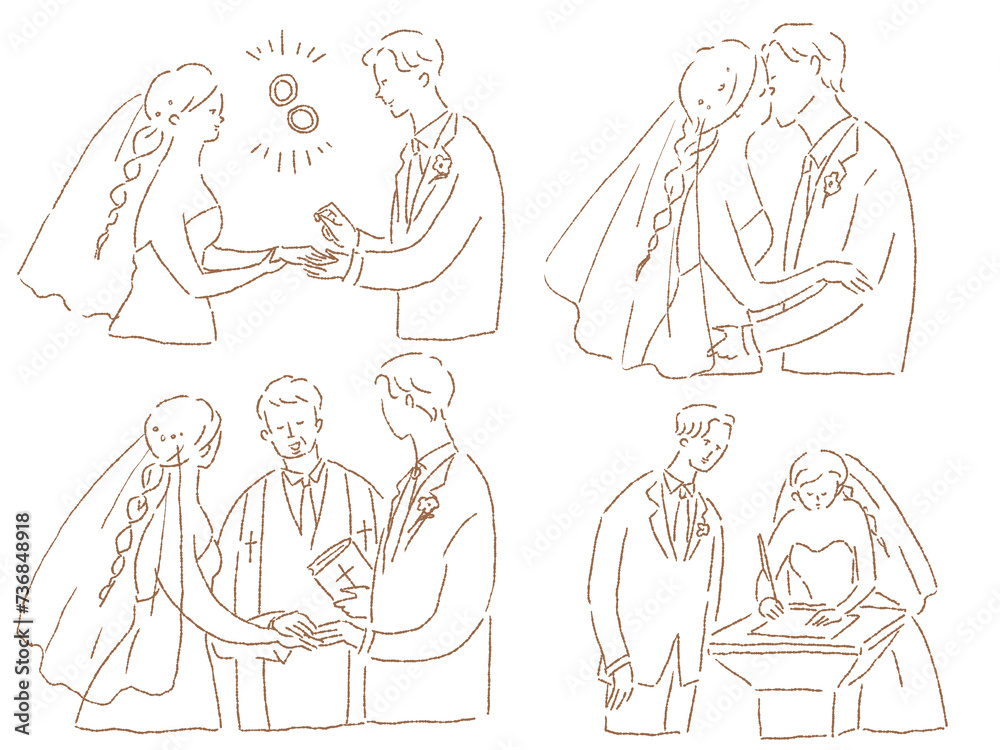 新郎新婦（指輪の交換、誓いのキス、結婚宣言、結婚証明書へのサイン）、線画
