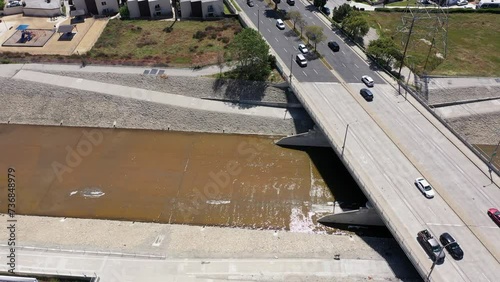 Aerial view of the Rio Hondo River as it flows through Downey and Bell Gardens, California, USA.
