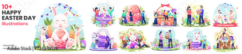 Set Collection of Easter Day Illustrations. People Celebrate Easter Day With Bunnies, Baskets of Eggs, Flowers, and Decorations. Vector Illustration