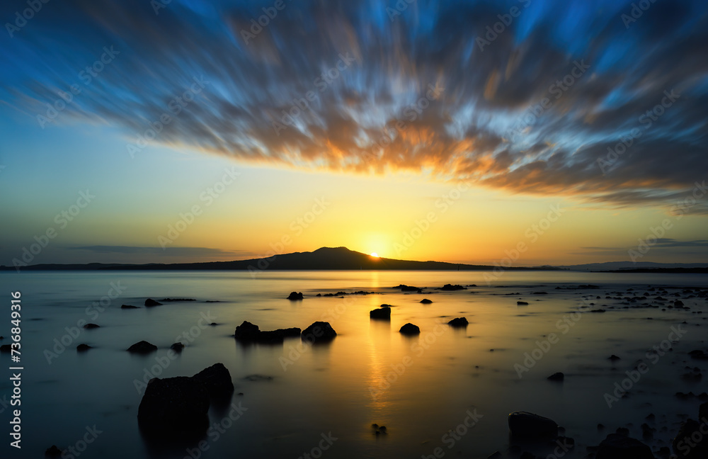 Long exposure image of sunrise over Rangitoto Island. Takapuna Beach. Auckland.