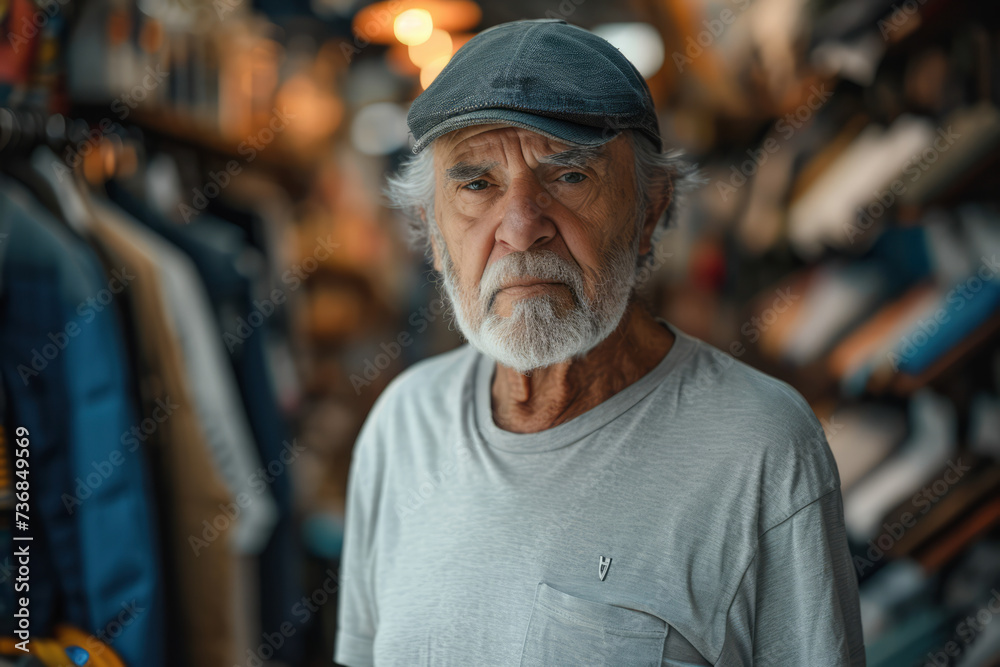 Old man wearing blank white T-Shirt in Clothing Store. Old man wearing blank white T-Shirt in Clothing Store.