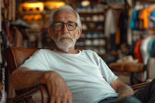 Old man wearing blank white T-Shirt in Clothing Store.