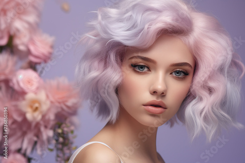 Portrait of beautiful young woman with pastel pink and violet hair in front of studio background with flowers