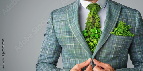 A Businessmans Suit Seamlessly Intertwined with Lush Vegetation, Illustrating the Fusion of Style with Environmental Consciousness, Generative AI