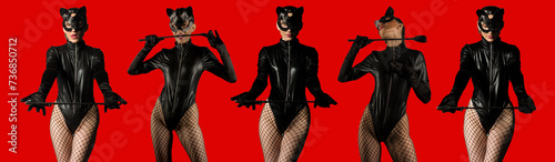 Set of five images beautiful dominant brunette mistress woman in catsuit, gloves and bdsm black leather fetish cat mask posing with riding crop photo