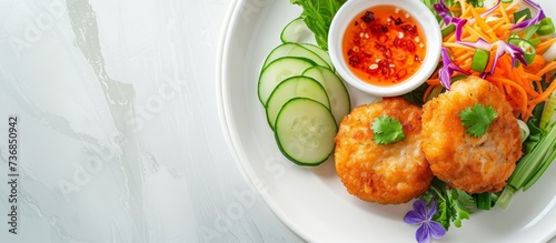 A delicious dish of deepfried vegetables with a tasty sauce, garnished with fresh produce. Served on a plate on the table