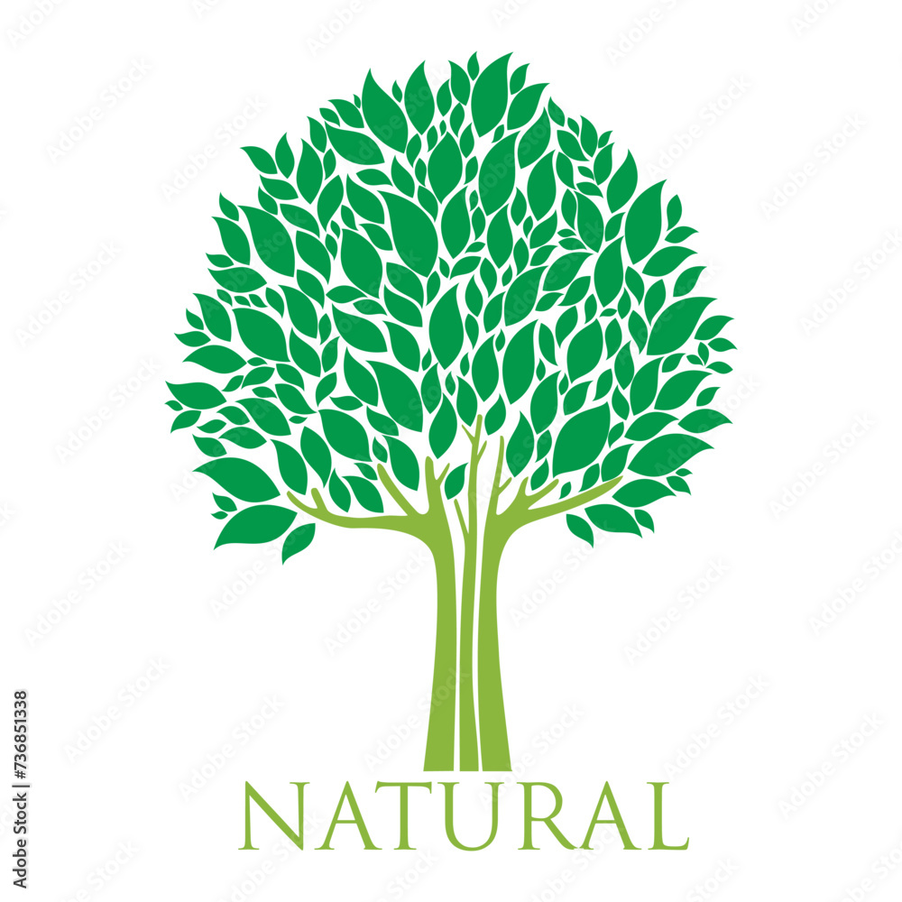 Obraz premium Green Tree isolated on a white background. Logo tree. 100 % percent natural label. Organic natural product. Vector illustration