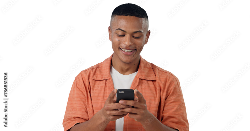 Smile, networking and gen z man with phone, typing and communication isolated on transparent png background. Social media, email or person with smartphone reading online chat, blog post or website.