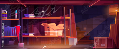 Abandoned basement room interior. Vector cartoon illustration of old cellar or garage with dust and cobweb on shelves with books, boxes, plastic bottles, liquid substance spilled on floor and stairs