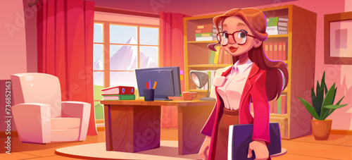 Business woman with paper documents standing in office room interior. Cartoon smiling female executive manager or secretary in work space with computer on desk, folders in cabinet with shelf, armchair