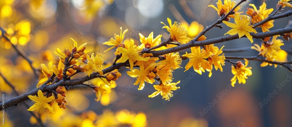 A detailed shot of a tree twig covered in vibrant yellow flowers, set against a backdrop of a natural landscape with grass and a clear blue sky