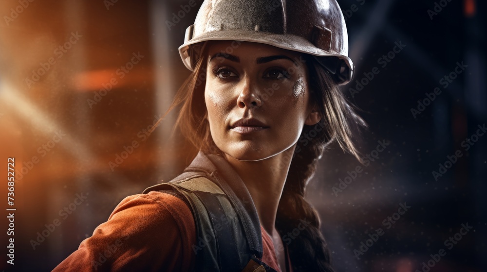 Determined Woman in Hard Hat - Strength in Industrial Workforce Determined Woman in Hard Hat - Strength in Industrial Workforce