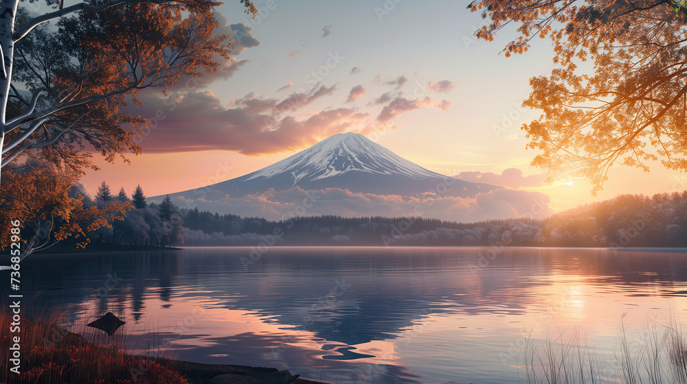 beautiful landscape view of mountain and lake in the morning