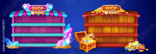 Empty shop window with diamonds and gold jewelry treasure in chest for game ui design. Cartoon vector set of store wooden cabinet with shelves and canopy surrounded by golden coins and gem crystals.