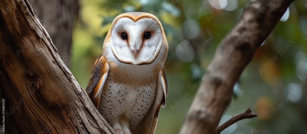 The Barn owl, a bird of prey, perched on a tree branch, gazing at the camera with its distinctive feathered body, sharp beak, and piercing eyes The Barn owl, a bird of prey, perched on a tree branch, gazing at the camera with its distinctive feathered body, sharp beak, and piercing eyes