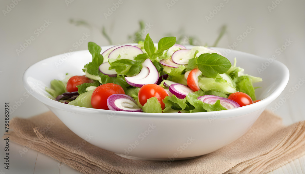 Fresh salad with tomatoes in the white bowl Fresh salad with tomatoes in the white bowl