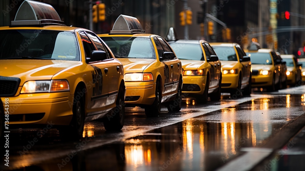 There are many modern yellow taxi cars on city roads in rainy weather.