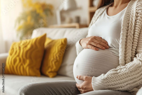 A pregnant woman sits on a sofa in a room and gently hugs her belly. The concept of preparing women for pregnancy, childbirth, motherhood. Еmpty space for text. 