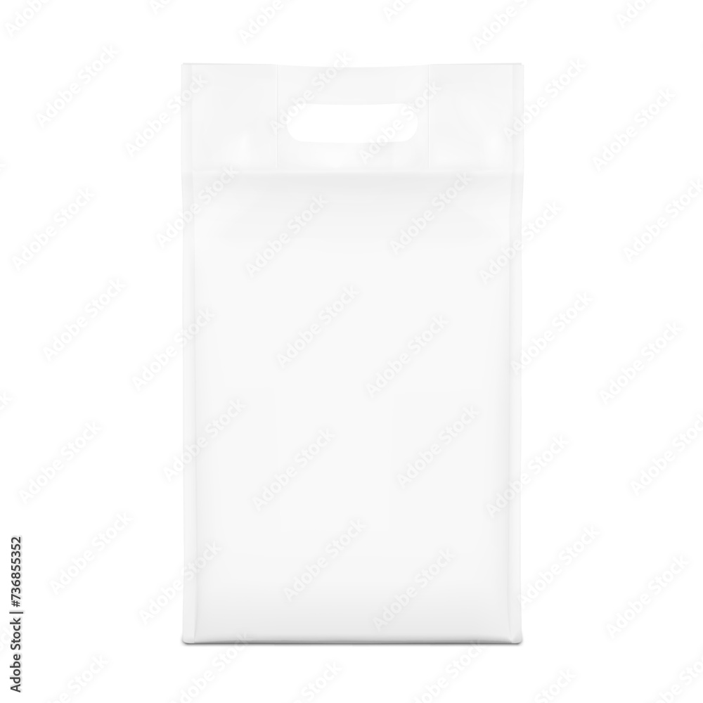 Realistic gusset bag with handle mockup isolated on white background. Front view. Vector illustration. Can be use for template your design for sport nutrition, food and etc. EPS10. Realistic gusset bag with handle mockup isolated on white background. Front view. Vector illustration. Can be use for template your design for sport nutrition, food and etc. EPS10.